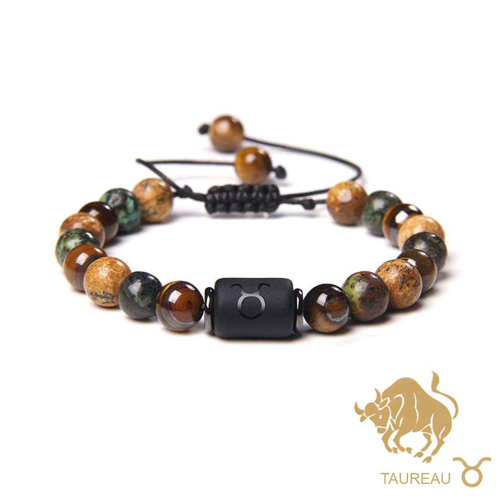 Bracelet Taureau – Oeil de tigre, Turquoise, Jaspe – Cordon ajustable - Voile Vanessa