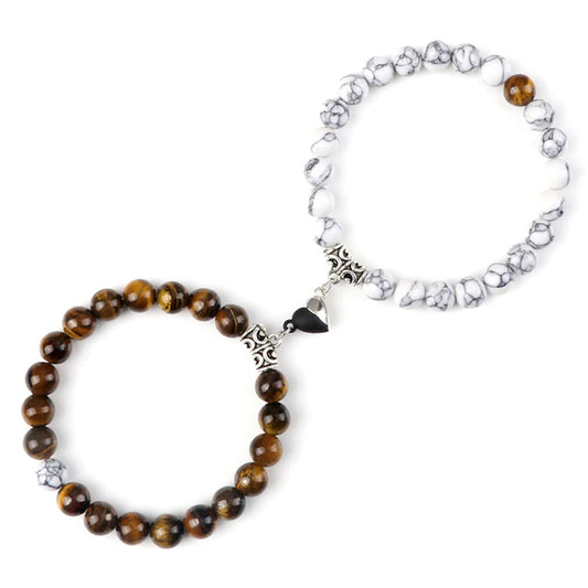 Bracelets de Couple  Coeur Yin-Yang   Oeil de tigre et Howlite   19cm
