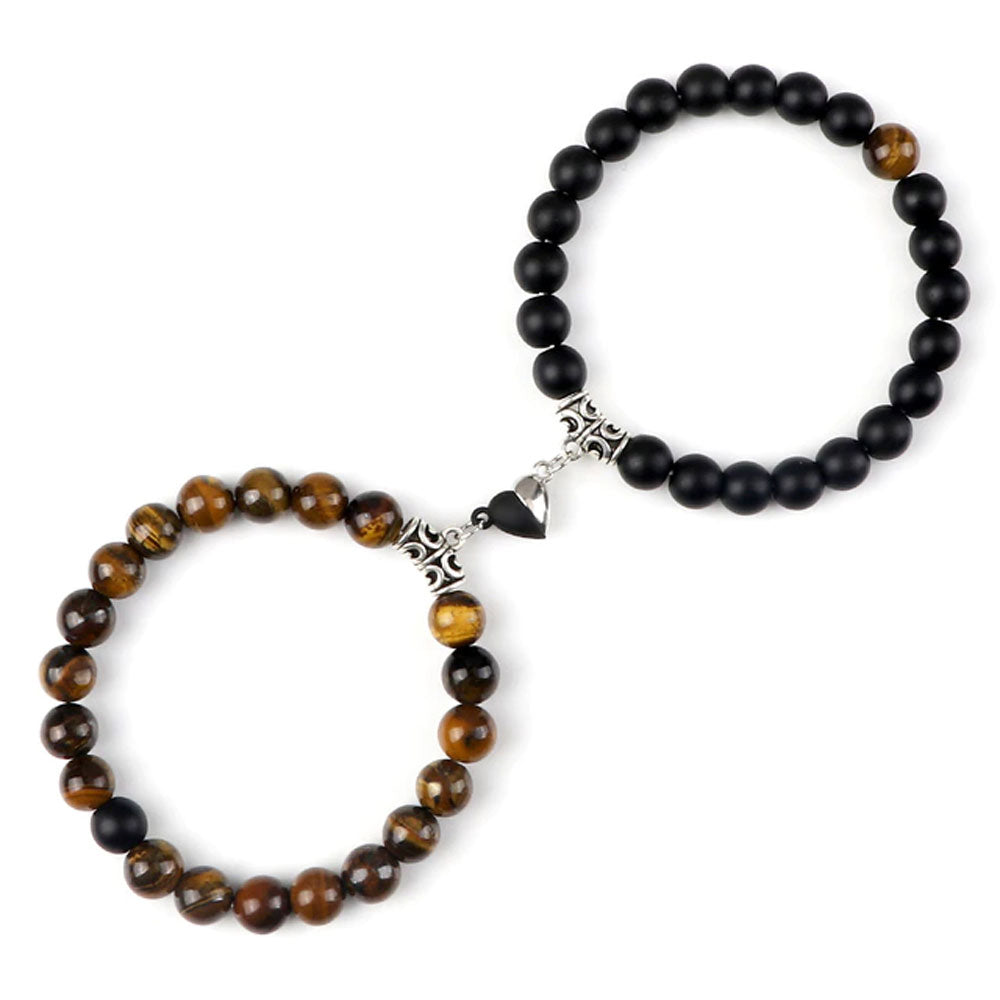 Bracelets de Couple Coeur Yin-Yang Oeil de tigre et Onyx mat 19cm - Voile Vanessa